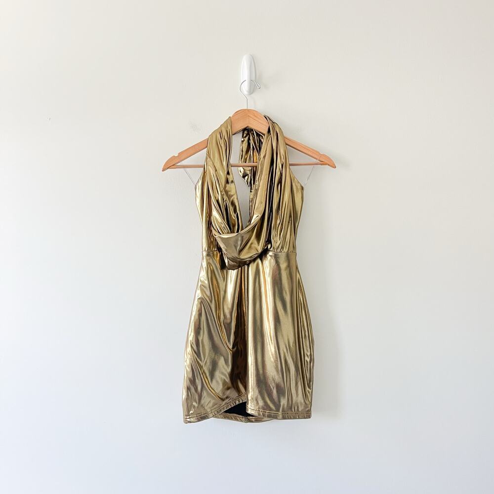Babyboo Gold Halter Cowl Neck Fallon Stretch Mini Dress Size Medium - Picture 4 of 14